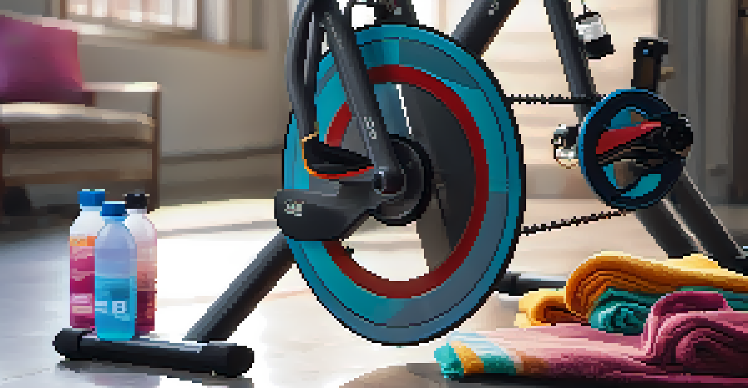 A close-up of a stationary bike in a spin studio, highlighting the pedals, towel, and water bottle with soft lighting in the background.