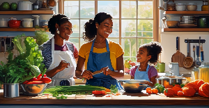 A diverse family happily engaged in a cooking workshop in a bright kitchen, surrounded by fresh ingredients and sunlight.