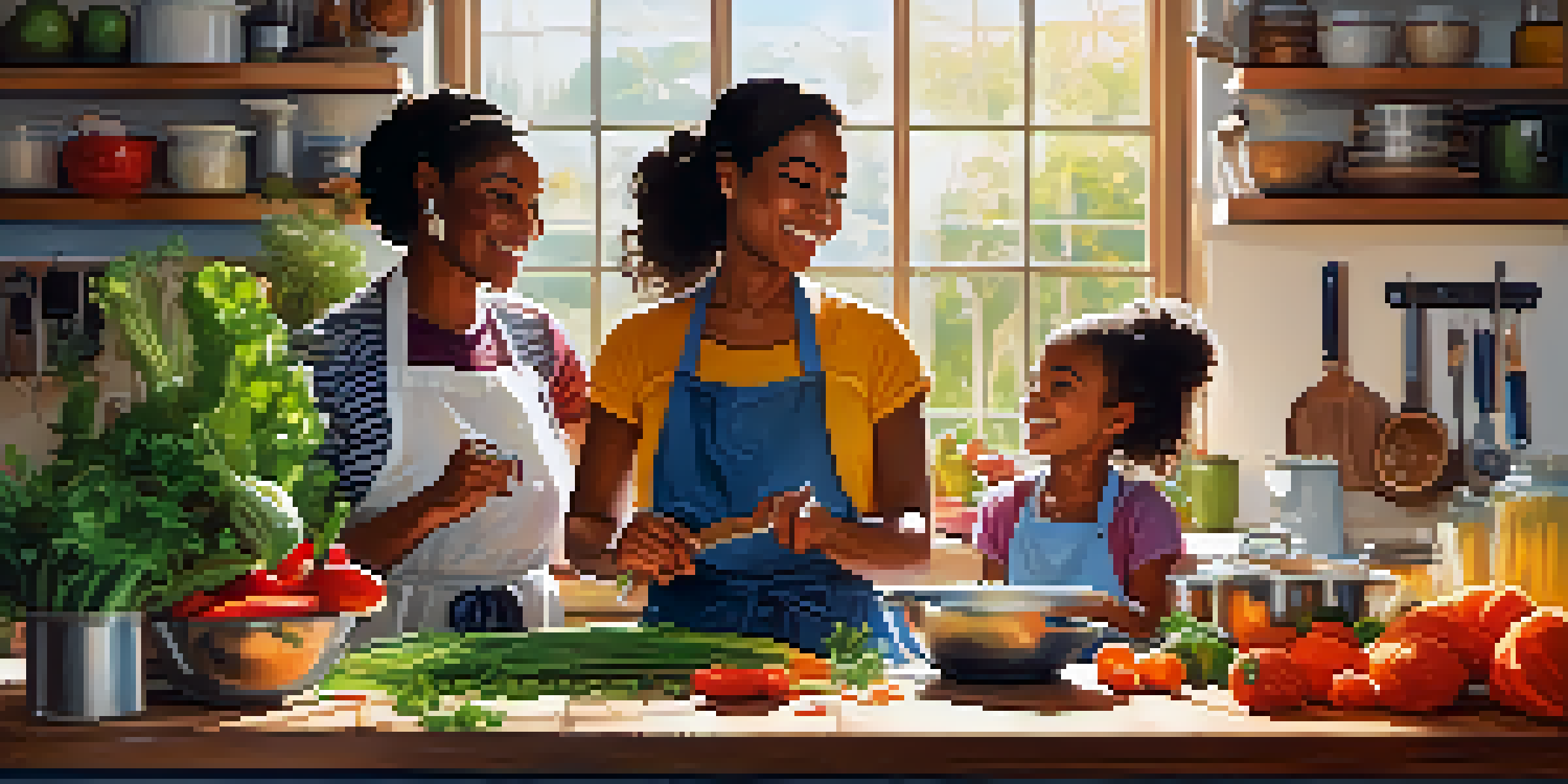A diverse family happily engaged in a cooking workshop in a bright kitchen, surrounded by fresh ingredients and sunlight.