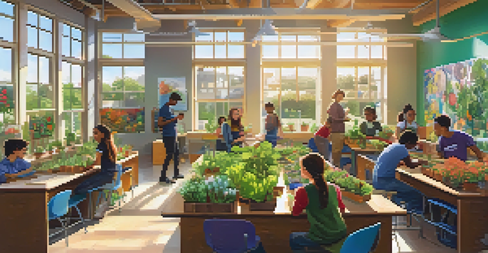 A diverse group of students working together in a brightly lit classroom on a community garden project, surrounded by plants and tools.