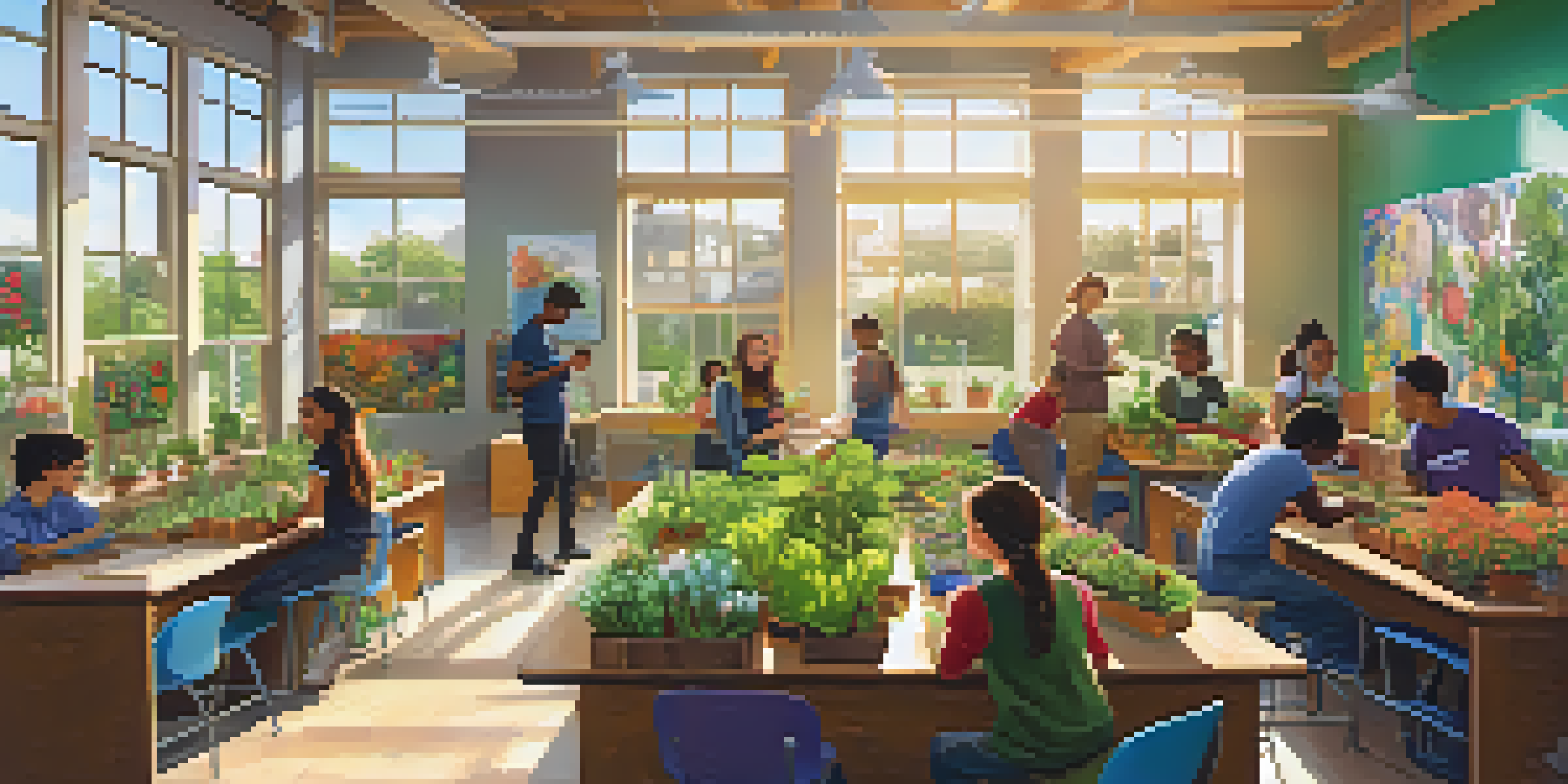 A diverse group of students working together in a brightly lit classroom on a community garden project, surrounded by plants and tools.