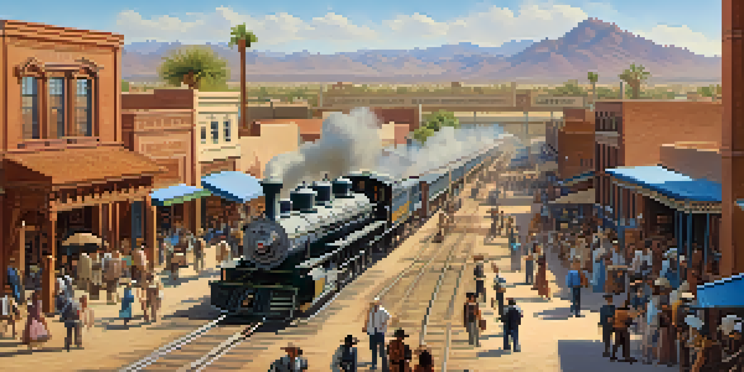 A historic scene depicting the Southern Pacific Railroad tracks in late 19th century Phoenix, Arizona, with a bustling marketplace and adobe buildings.