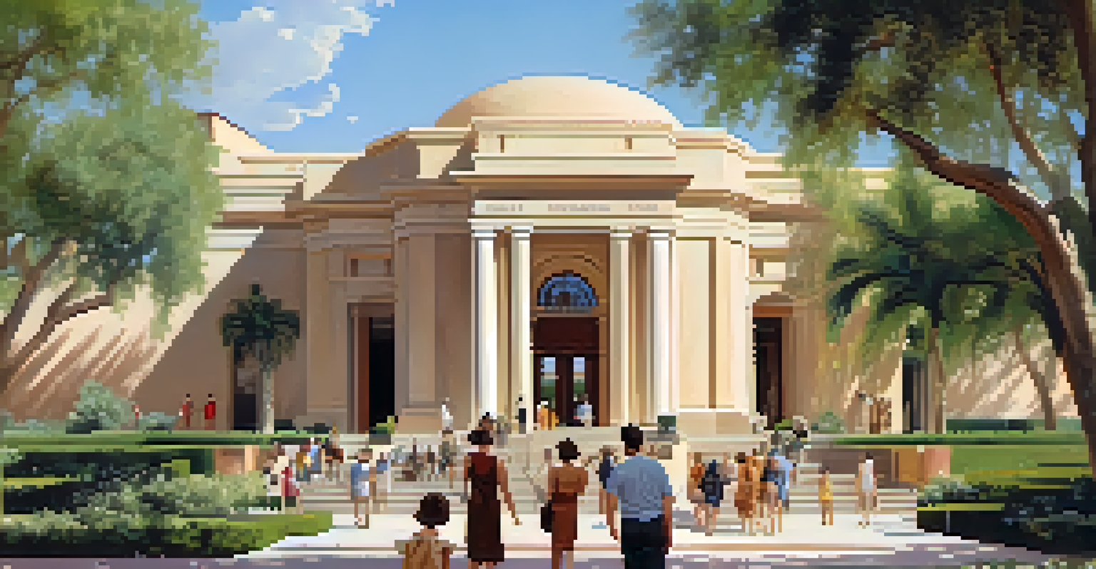The entrance of the Phoenix Art Museum in the 1930s with people admiring the artwork and vibrant landscaping.