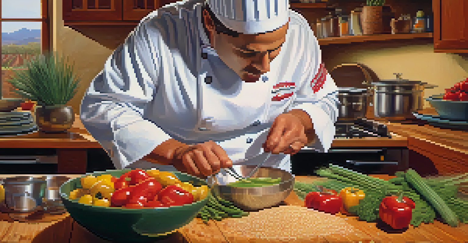 A chef in a cozy kitchen preparing a dish with local Arizona ingredients, focusing on texture and vibrant colors.