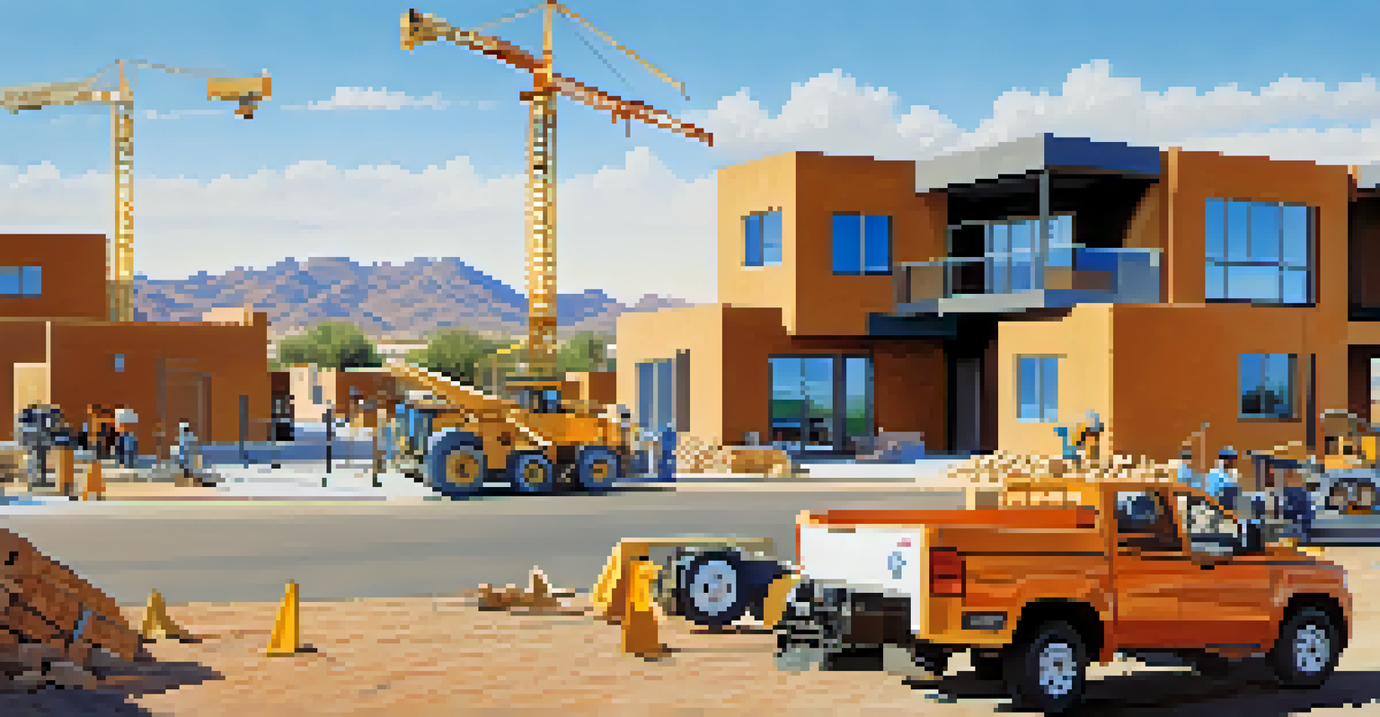 A close-up view of a new housing development in Phoenix with modern homes and construction activity.