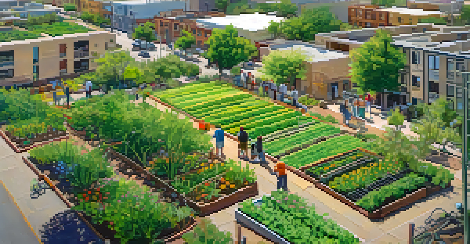 An aerial view of a community garden in Phoenix, showcasing residents gardening amidst urban structures.