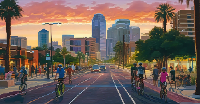 A sunset view of Phoenix's skyline with cyclists on a bike lane, palm trees, and a warm color palette.