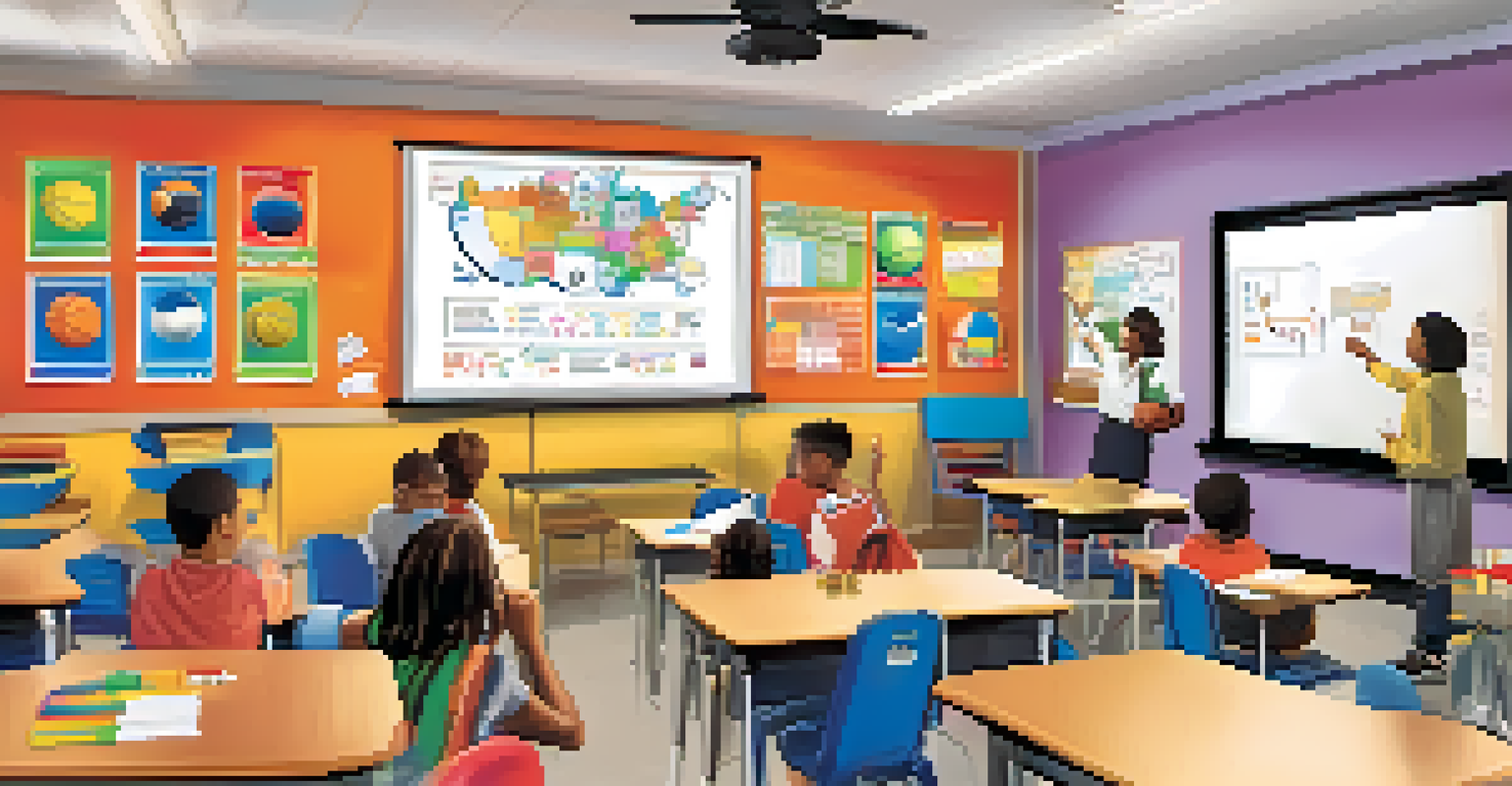 A classroom where students are calculating sports statistics, with colorful charts and basketball images, creating an engaging learning environment.