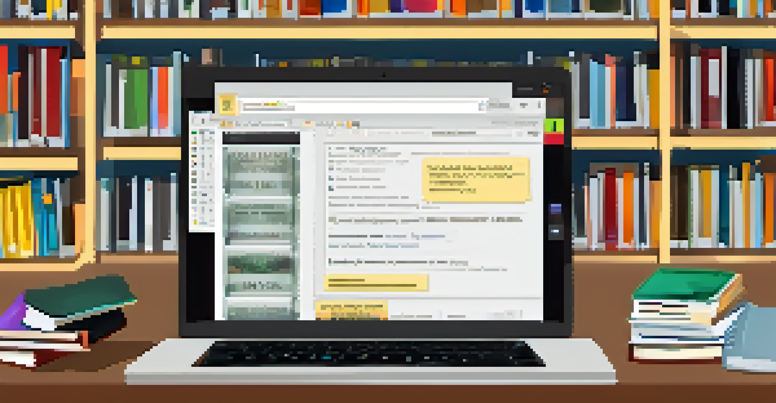 An overhead view of a library catalog search on a computer with books nearby.