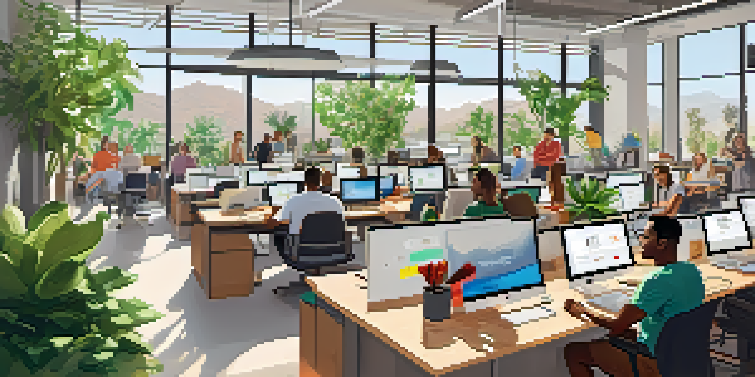 A vibrant tech startup workspace with diverse entrepreneurs collaborating on laptops, bright natural light, and modern decor.