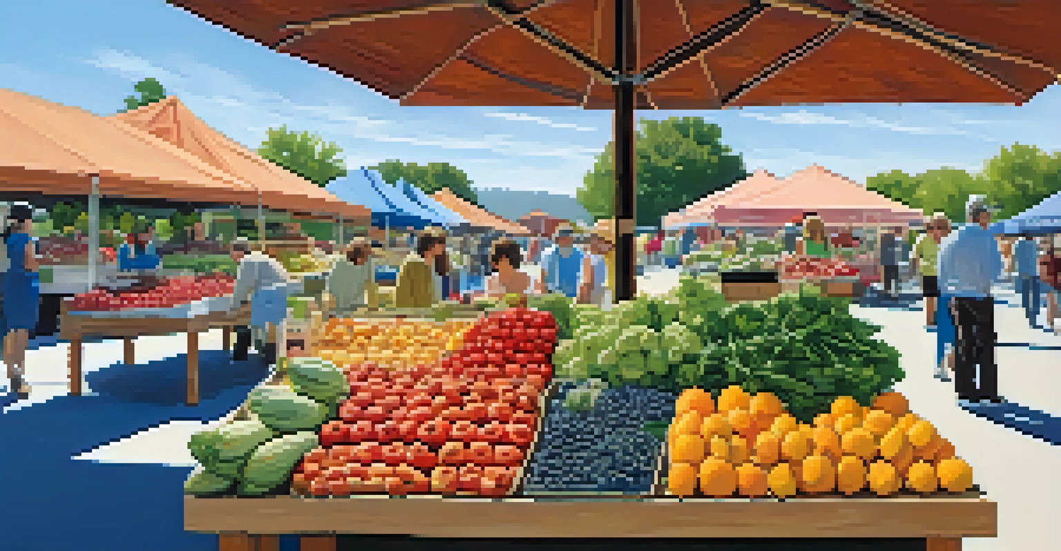 A colorful arrangement of fresh produce at the Arcadia Farmers Market with people sampling gourmet foods and interacting with vendors.