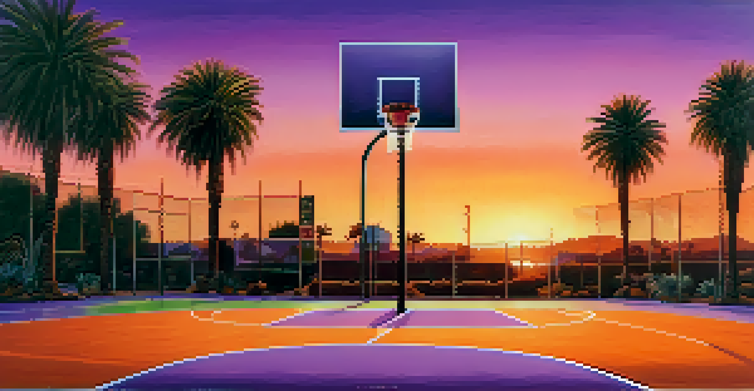 Players on a basketball court in Phoenix during sunset, with vibrant colors in the sky and palm trees surrounding the area.