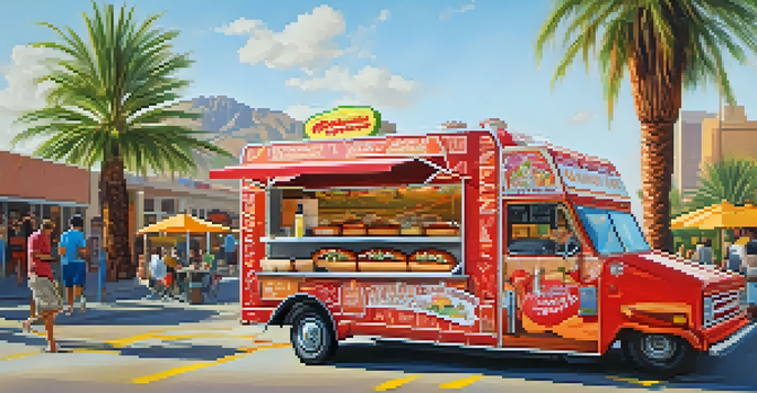 A colorful food truck in Phoenix serving Sonoran hot dogs, with a close-up of a hot dog topped with various ingredients against a sunny backdrop.