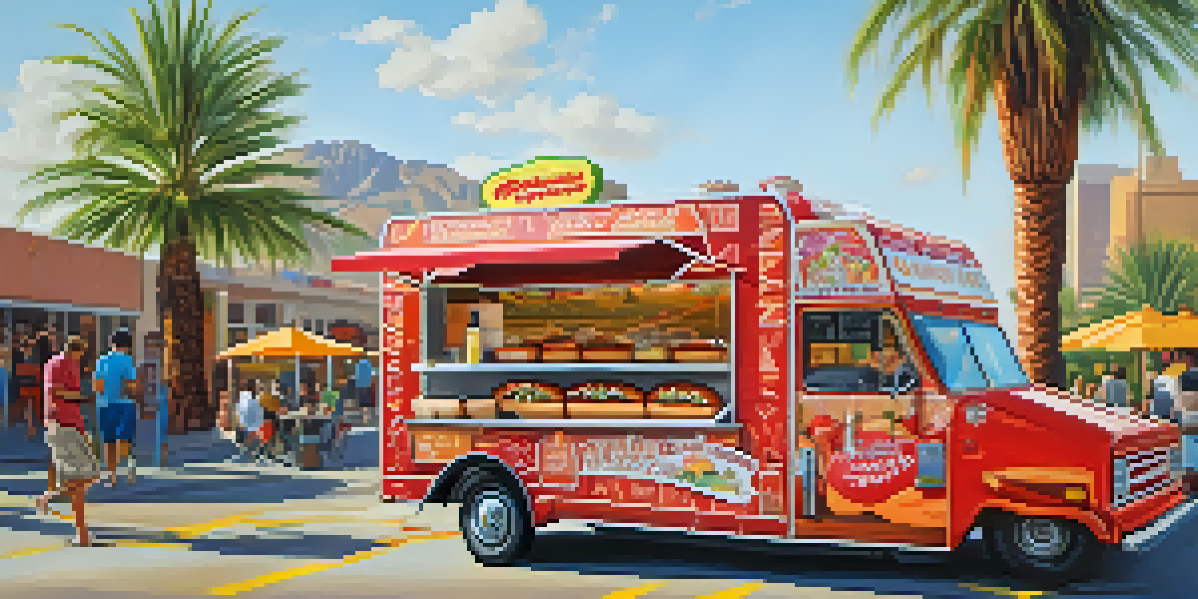 A colorful food truck in Phoenix serving Sonoran hot dogs, with a close-up of a hot dog topped with various ingredients against a sunny backdrop.