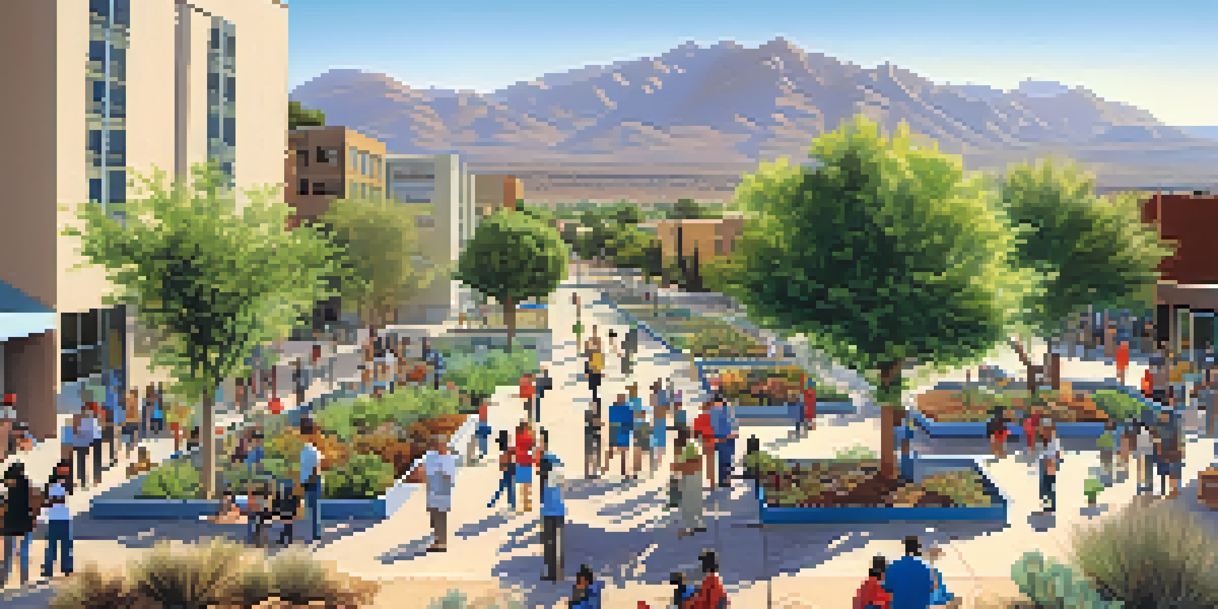 A community tree planting event in a sunny Phoenix park with diverse residents planting young trees and energy-efficient buildings in the background.
