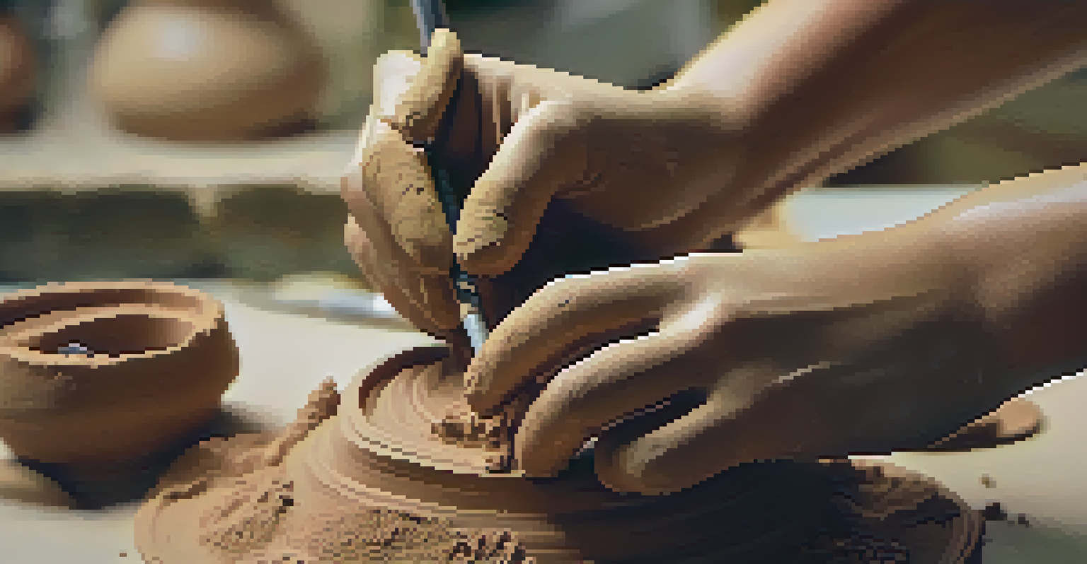 A close-up of a student's hands shaping clay in a pottery class, surrounded by tools and unfinished sculptures.