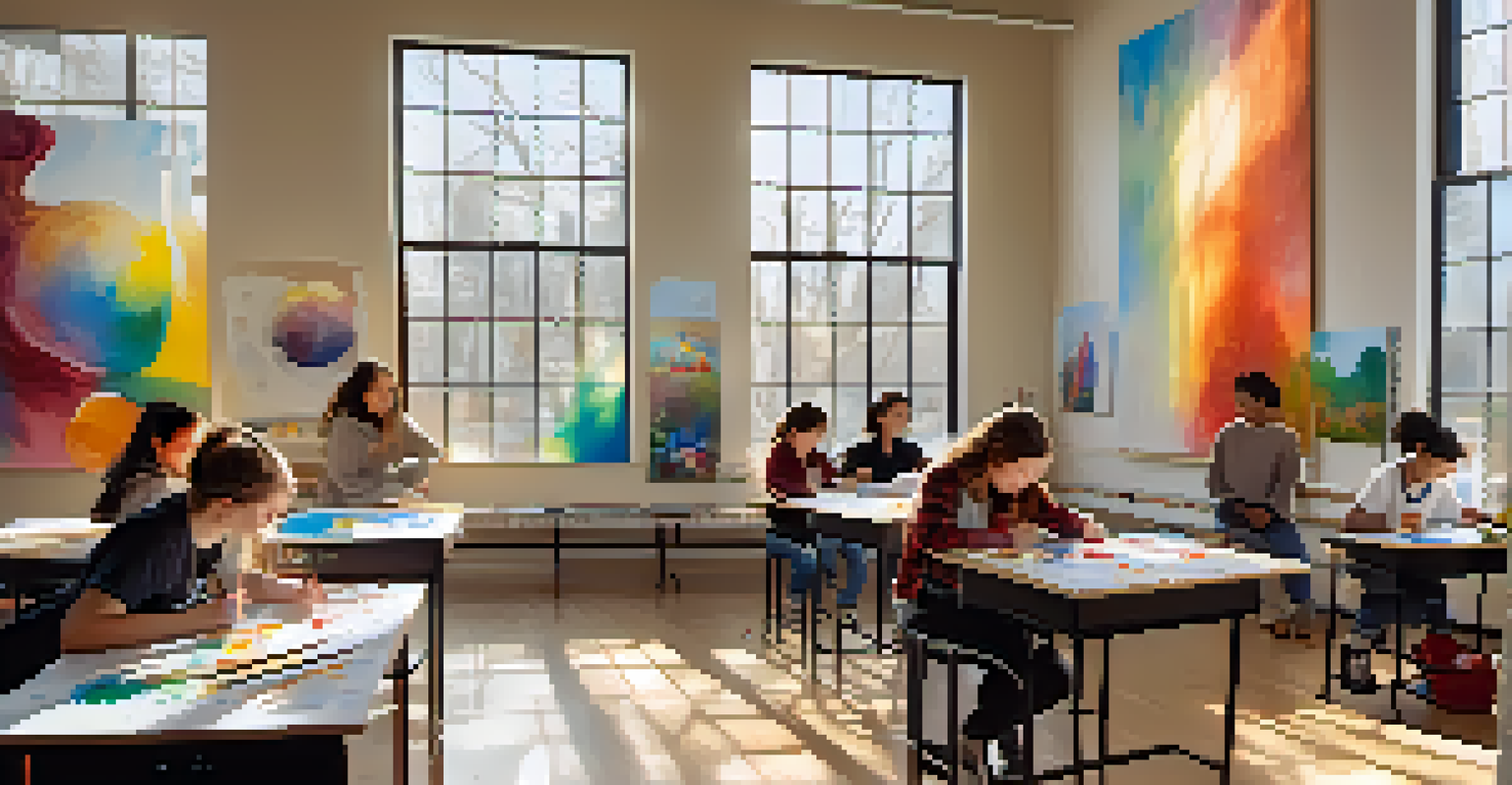 An art classroom filled with students painting on canvases, surrounded by colorful artwork and natural light, representing creativity and self-expression.