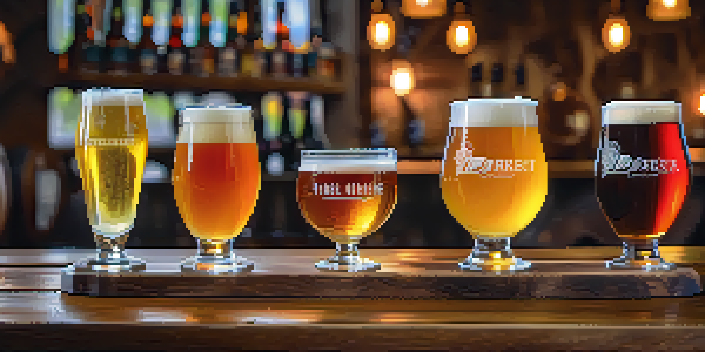 A selection of craft beers in small glasses on a wooden table, with warm lighting and blurred brewery equipment in the background.