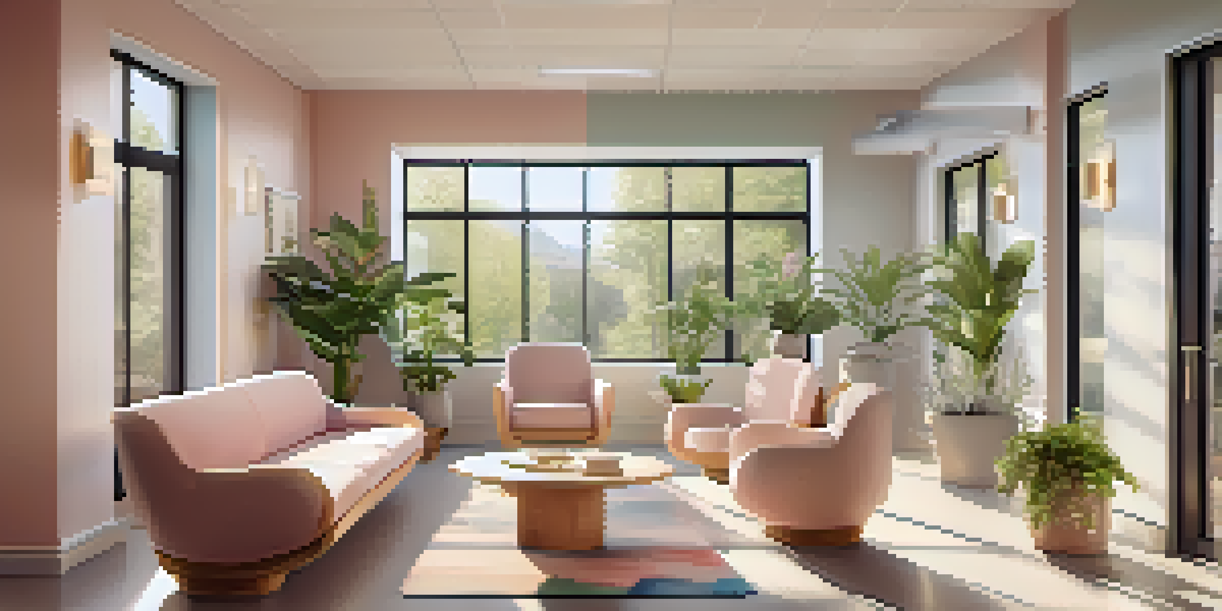 A peaceful waiting room in a women's health clinic with pastel colors and natural light.
