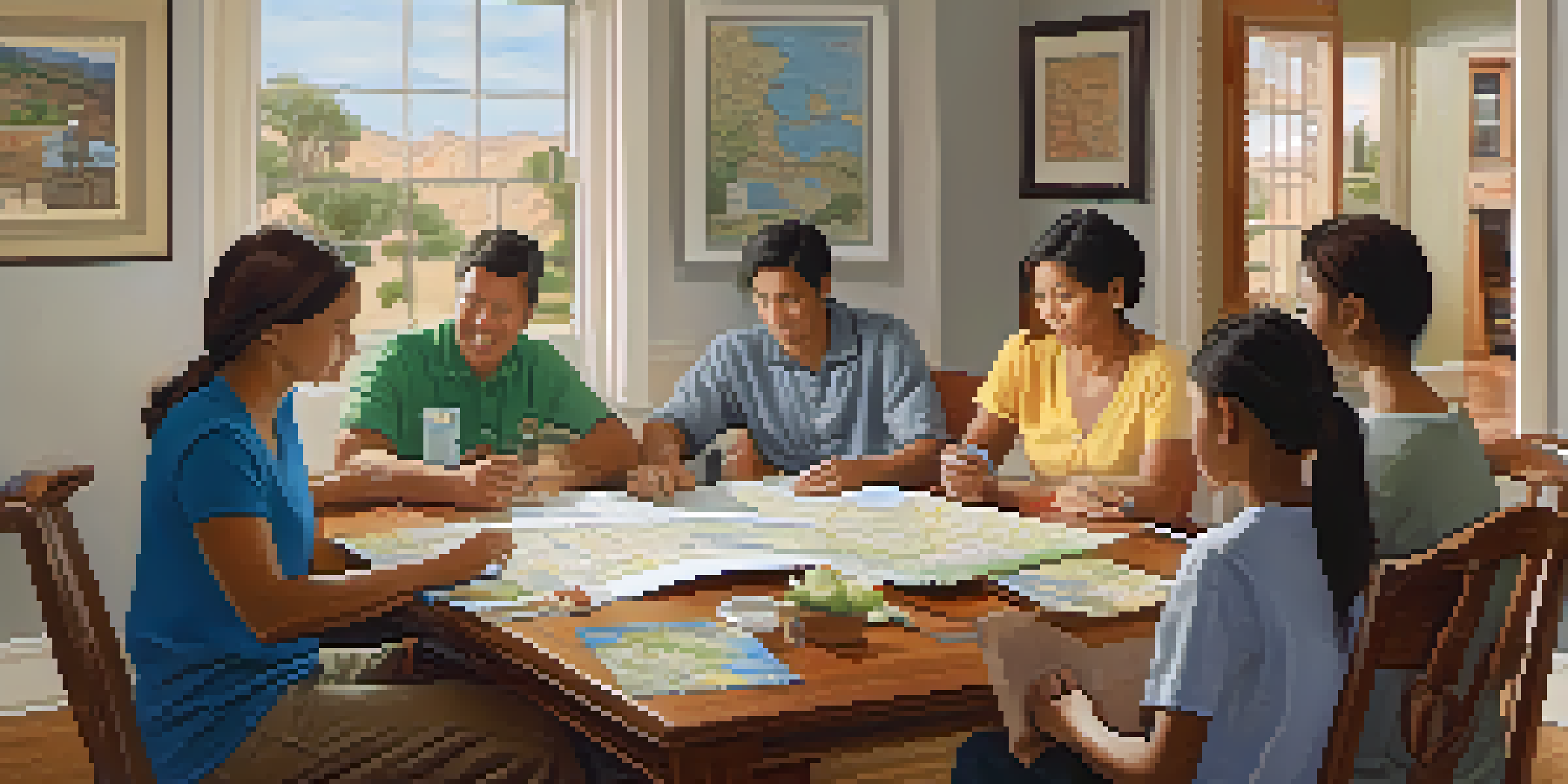 A family in a Phoenix home discussing their emergency plan, with a map on the wall and an emergency kit on the table.