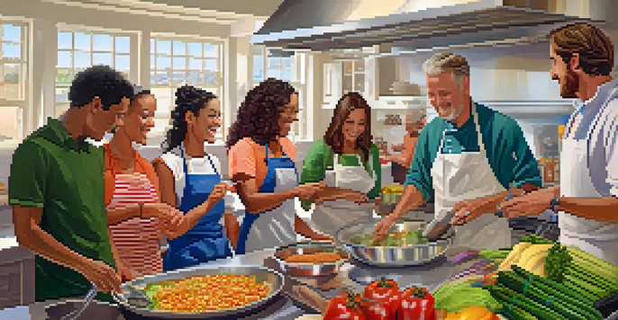 A lively cooking class in Phoenix with diverse participants learning from a chef at a kitchen island filled with fresh ingredients.