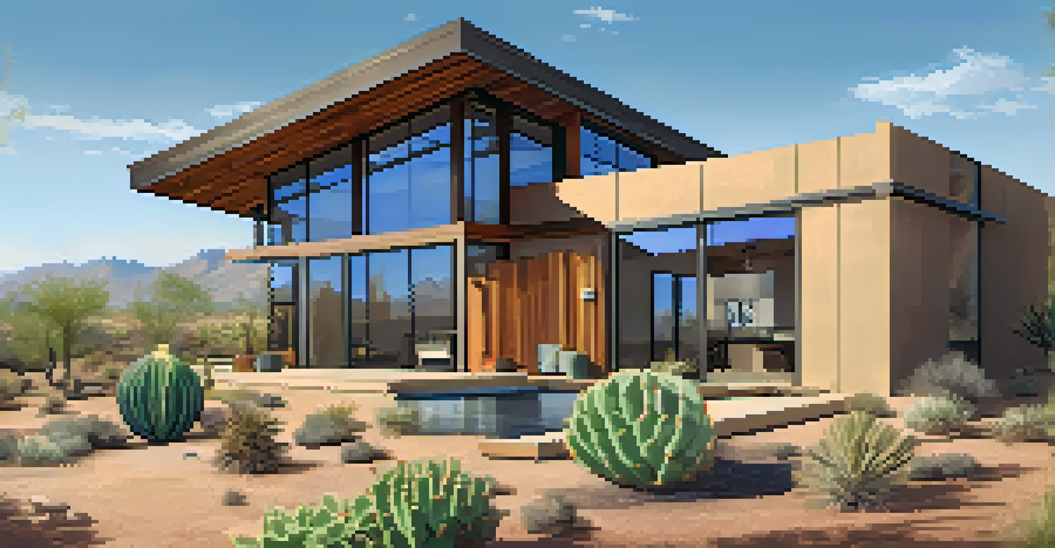 A modern home in Phoenix designed for passive solar efficiency, with large windows and natural materials, set against a backdrop of desert landscape.