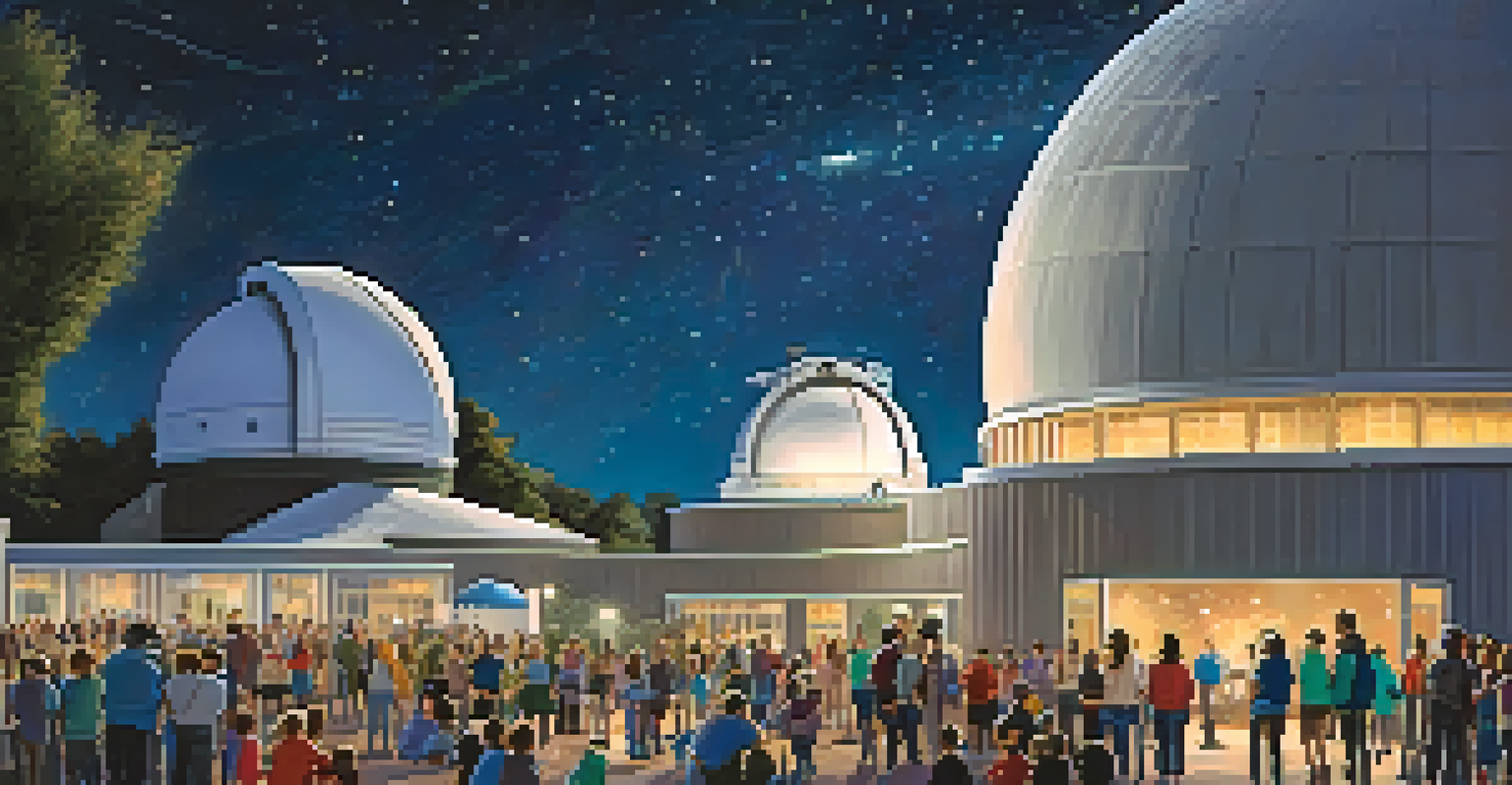 Families and children engaging in an educational astronomy event at the Phoenix observatory under a starry sky.