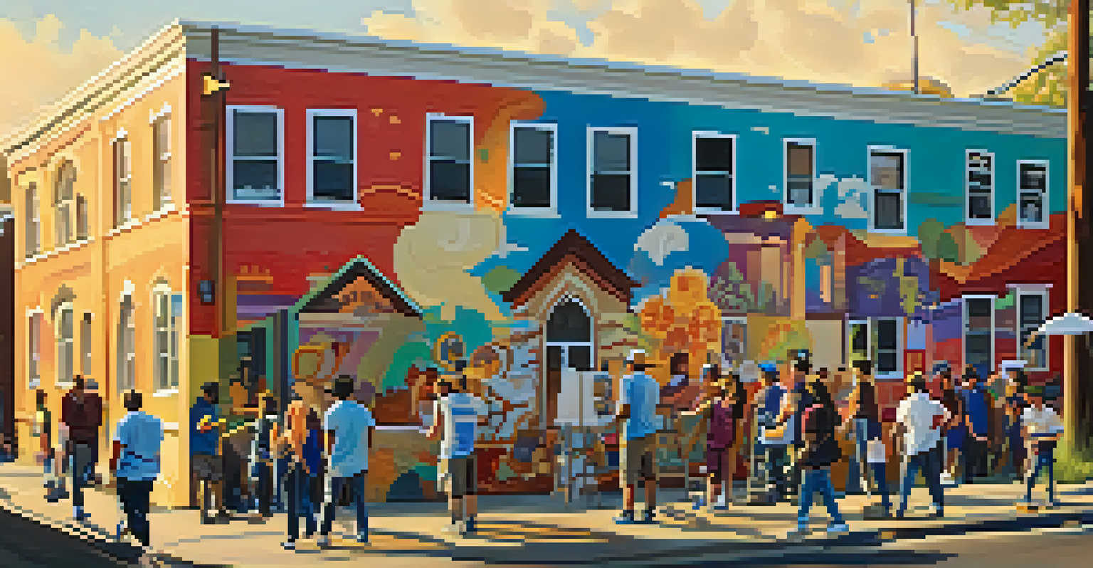 Residents actively painting a community mural that showcases local history and culture, with bright colors and a lively atmosphere.