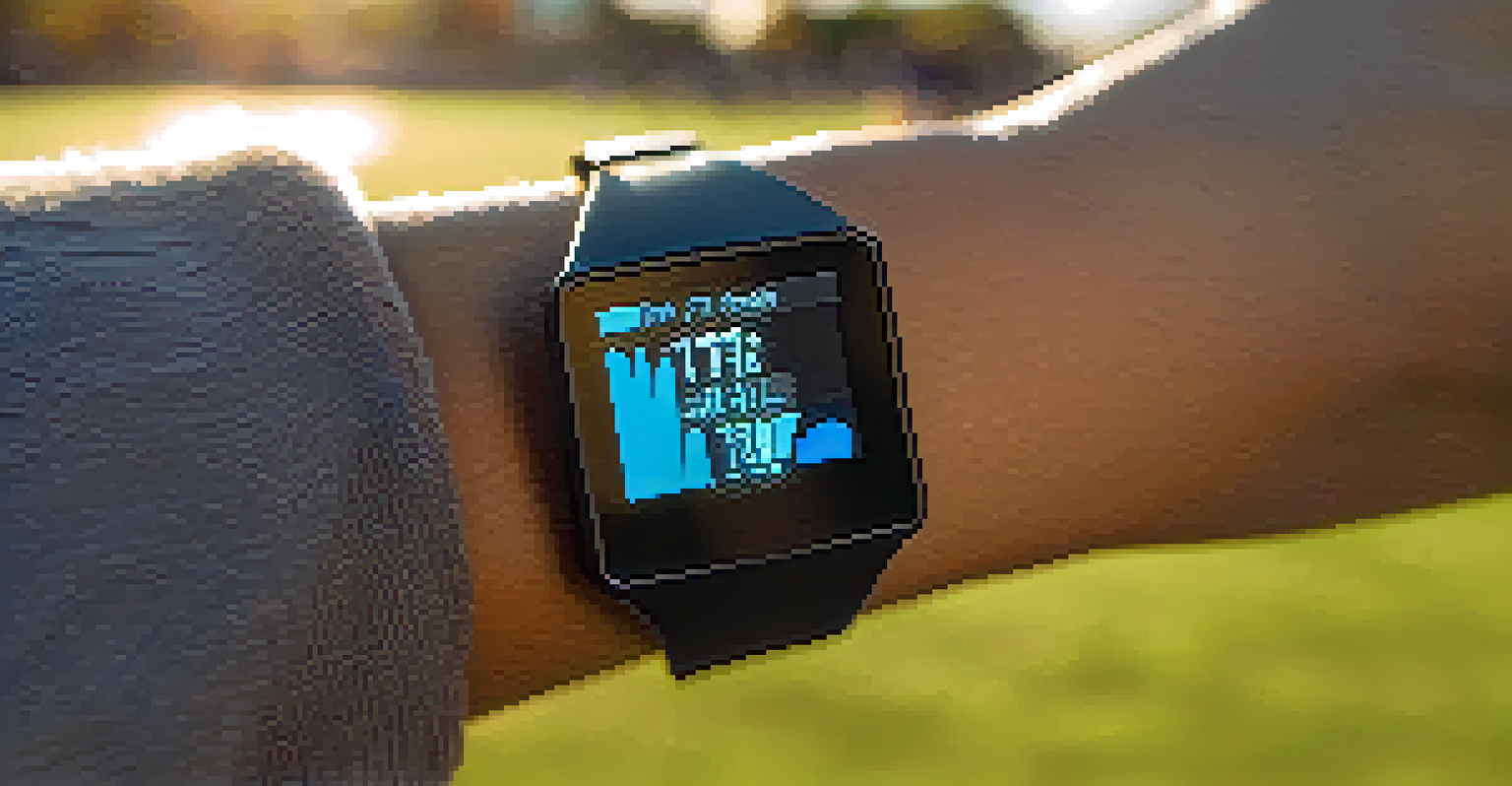A close-up of a fitness tracker displaying workout data with a blurred park scene in the background.