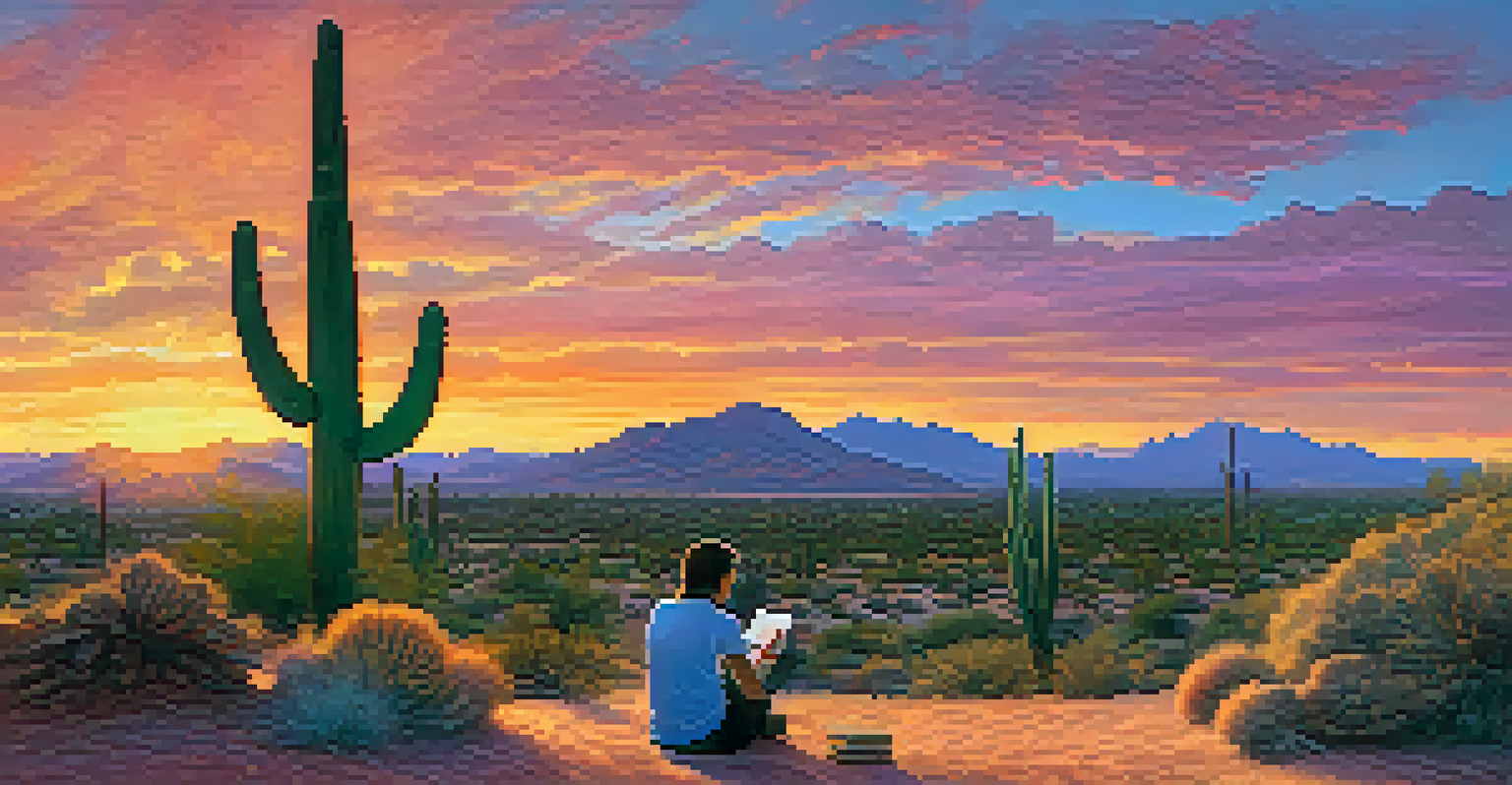 A poet sitting in a serene desert landscape at sunset, surrounded by cacti and a colorful sky.