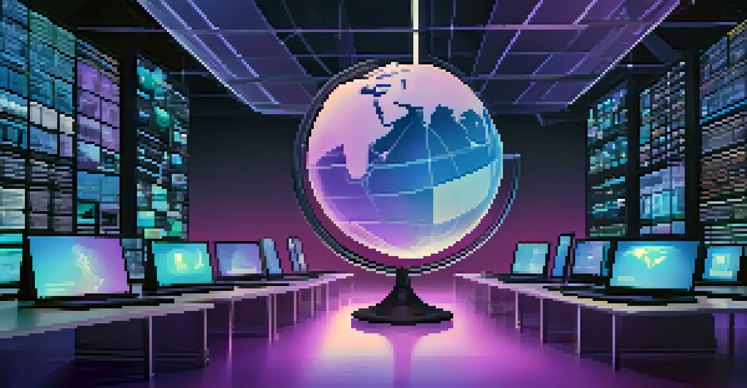 An artistic image of a globe surrounded by digital screens of online learning platforms, with light beams connecting them, set against a blue and purple gradient background.