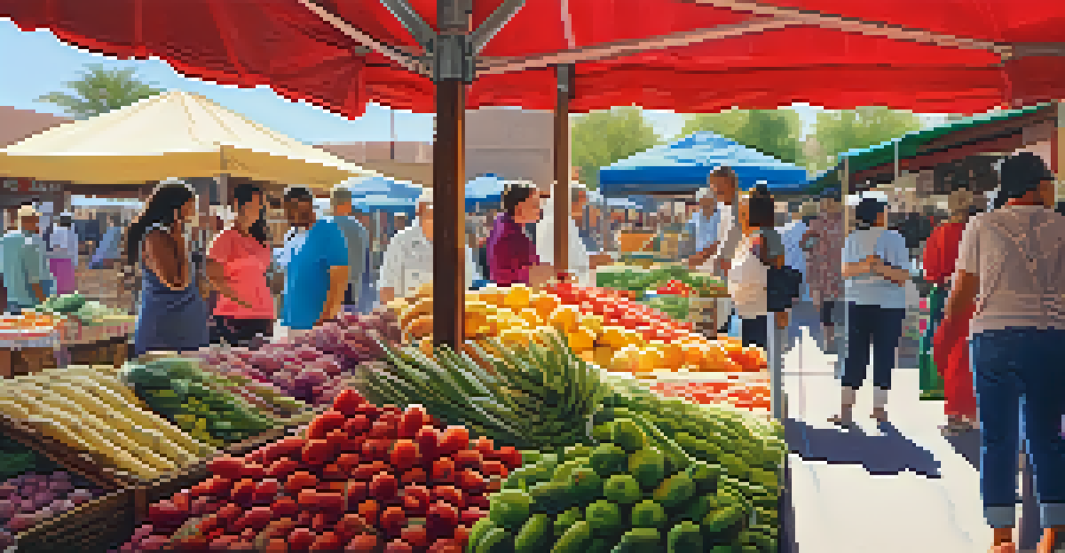 A local market in Phoenix with vibrant stalls and diverse people engaging in conversation, illuminated by soft natural light.