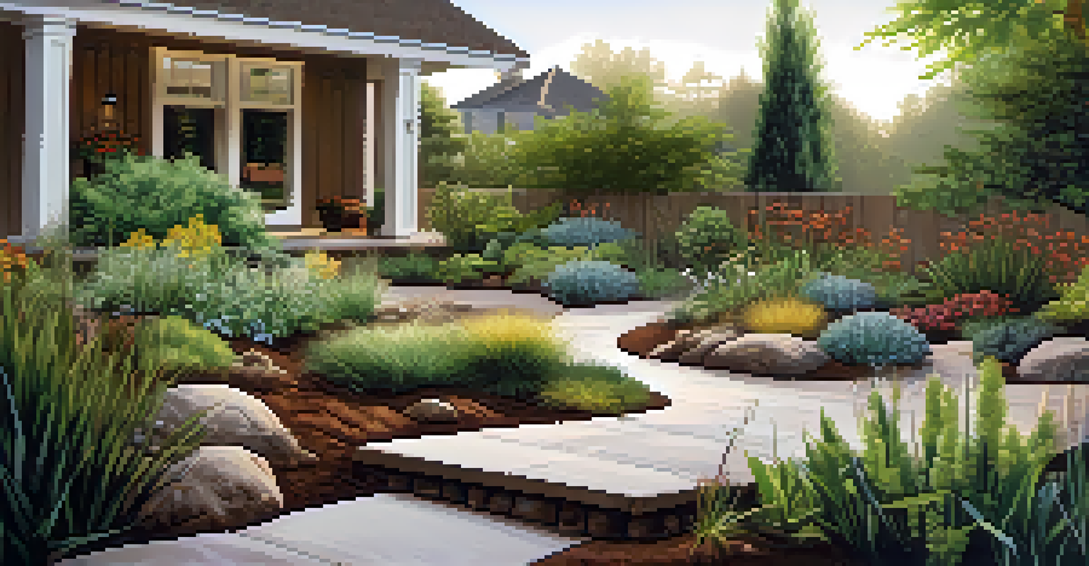 An outdoor rain garden filled with native plants designed to absorb rainwater, captured in soft lighting.