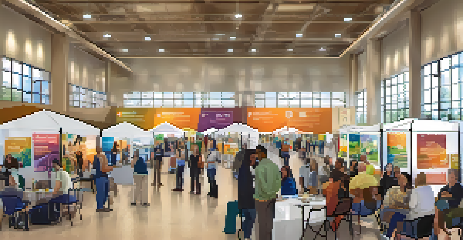 Indoor mental health expo with booths and attendees engaging with professionals, surrounded by warm lighting and informational displays.