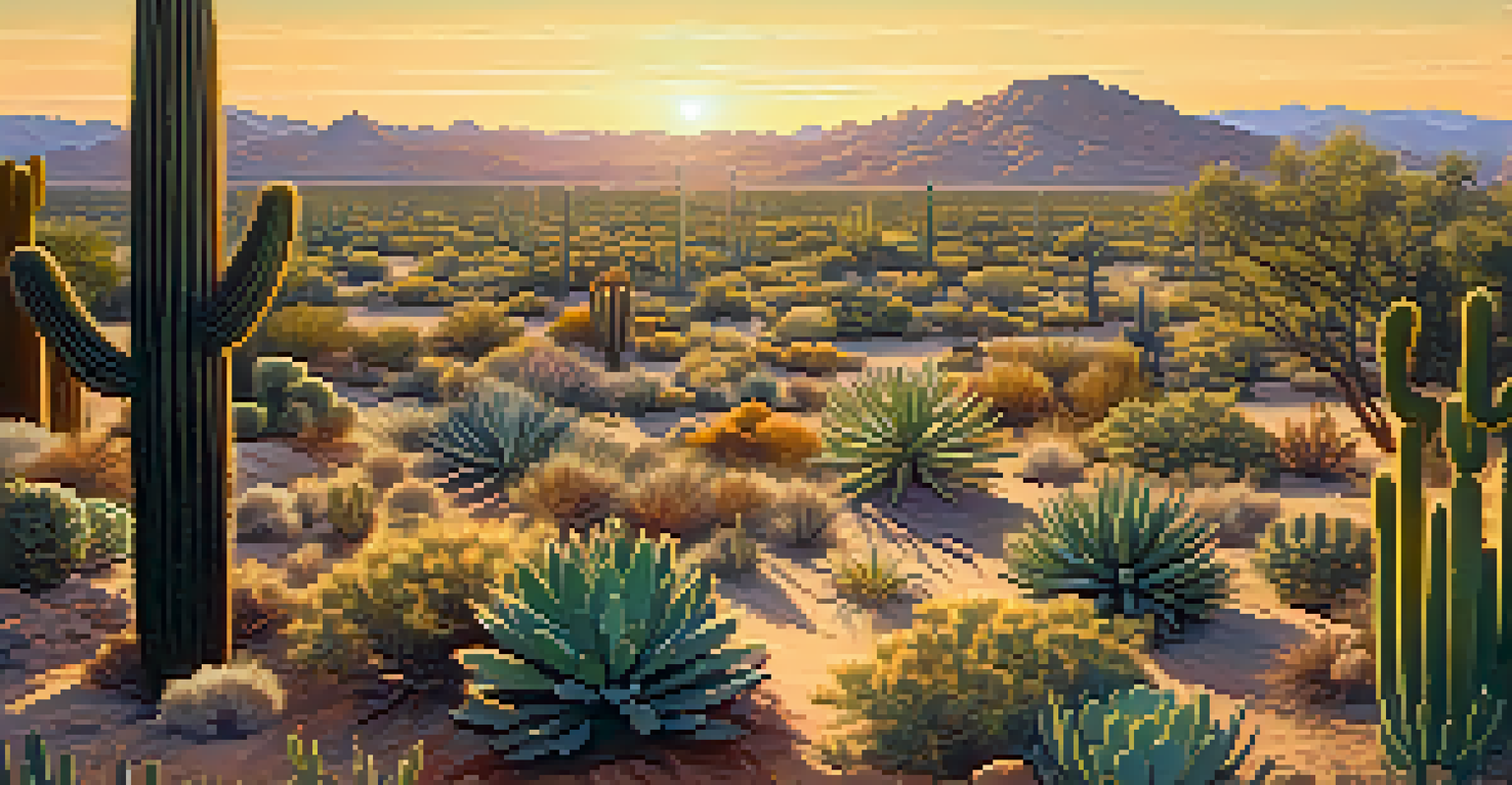 An aerial view of a diverse desert landscape in Phoenix, displaying various cacti and plants illuminated by sunset light.