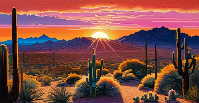 A beautiful sunrise at South Mountain Park with a silhouette of a coyote in the foreground, surrounded by desert cacti and mountains in the background.