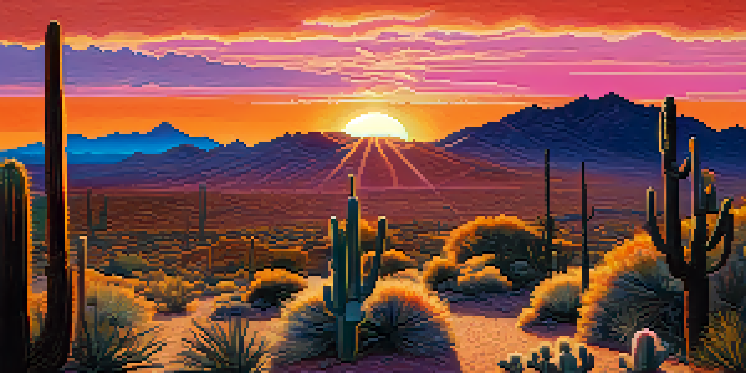A beautiful sunrise at South Mountain Park with a silhouette of a coyote in the foreground, surrounded by desert cacti and mountains in the background.
