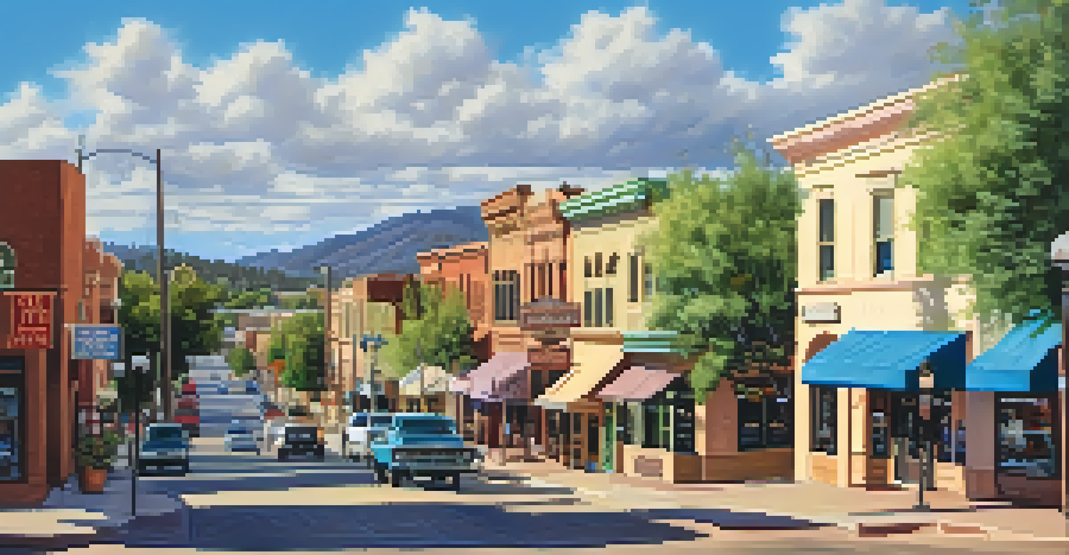 A charming downtown area in Payson, Arizona, filled with local shops and art galleries, decorated with flower baskets and bright storefronts under a sunny sky.
