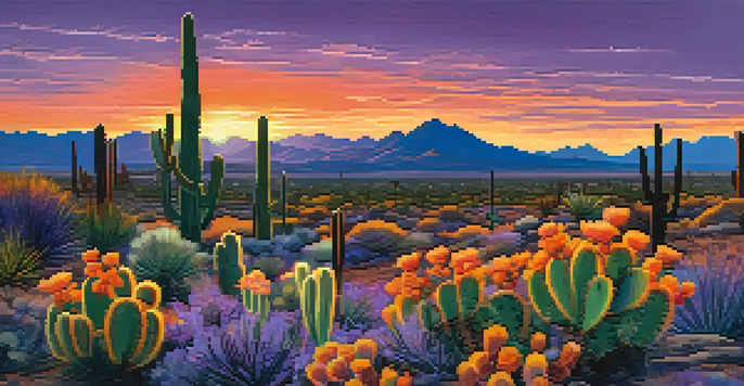 A panoramic view of the desert landscape in Phoenix at sunset, with colorful skies and silhouettes of cacti.