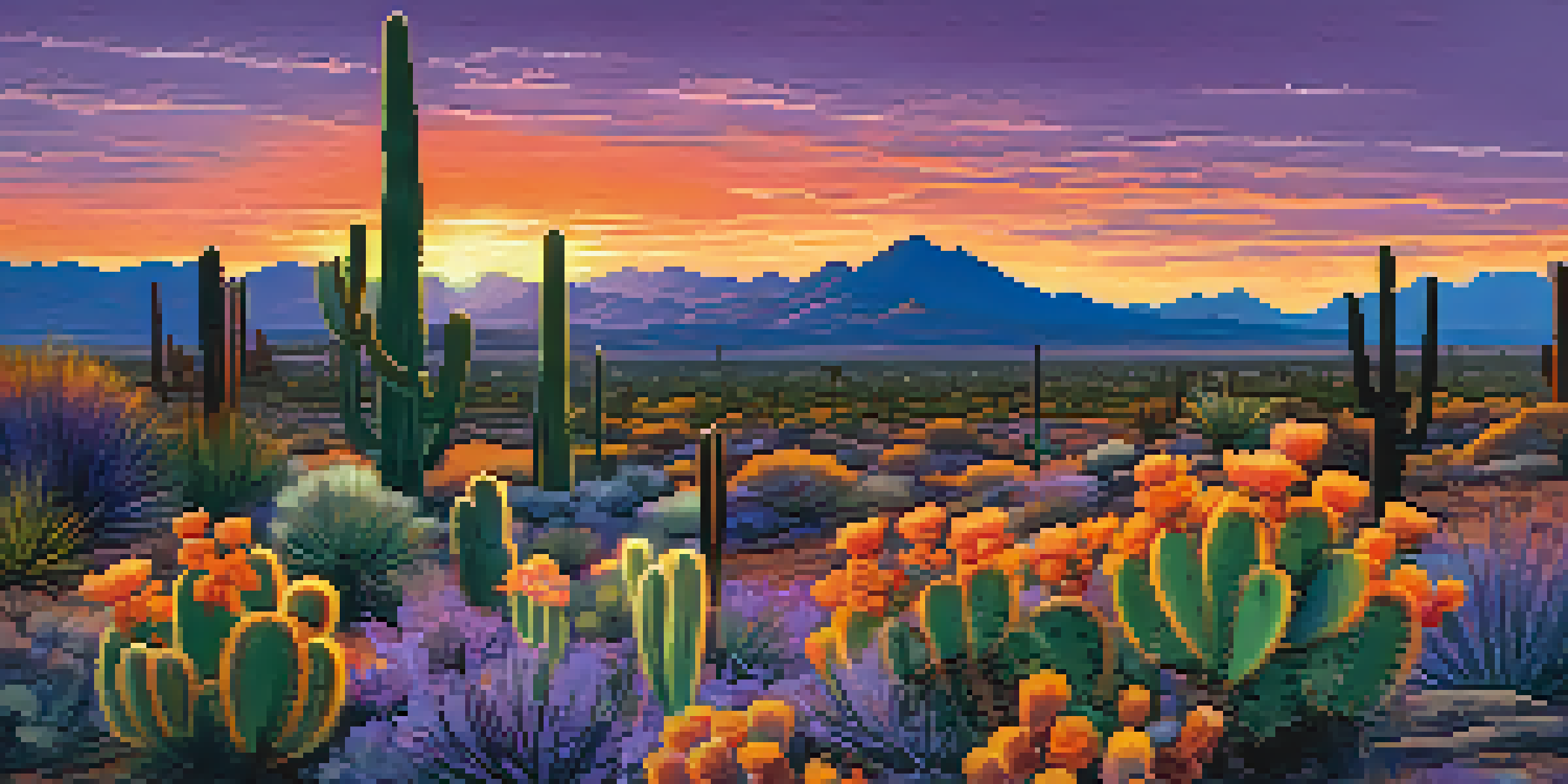A panoramic view of the desert landscape in Phoenix at sunset, with colorful skies and silhouettes of cacti.