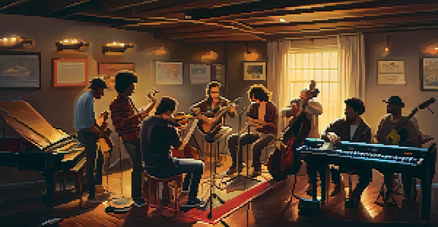 Musicians collaborating in a cozy local venue, surrounded by various instruments and warm lighting, showcasing their creative process.