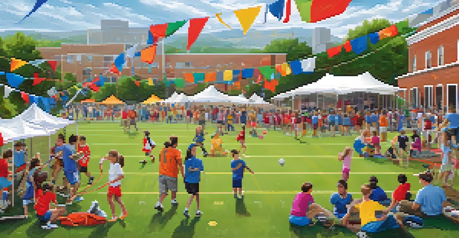 A community sports event featuring students in various sports activities, with families and local businesses supporting them, creating a vibrant atmosphere.