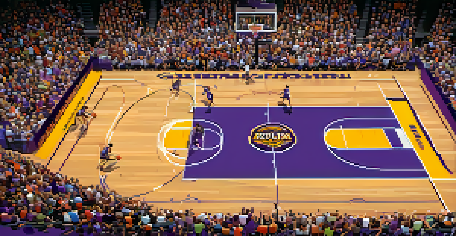 An aerial view of GCU Arena filled with cheering fans during a basketball game, with players on the court and colorful banners displayed.