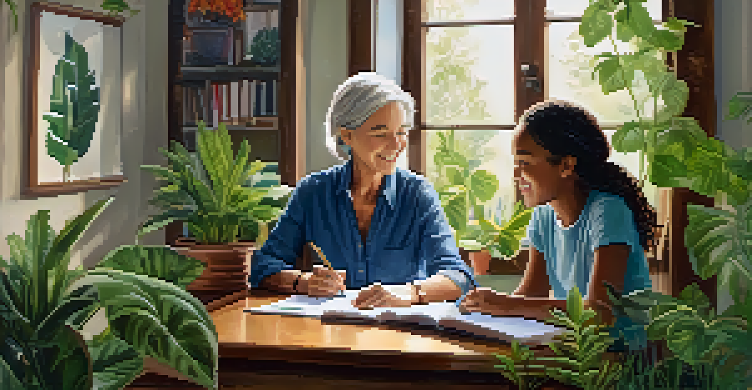 A warm mentorship session in a cozy room, featuring an older woman sharing her experiences with a young woman who is taking notes, surrounded by motivational decor.