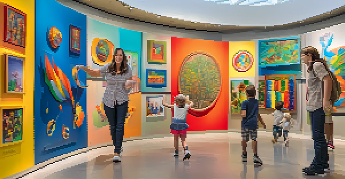 A family enjoying interactive exhibits at the Phoenix Art Museum, with children engaging in art activities under bright lights.