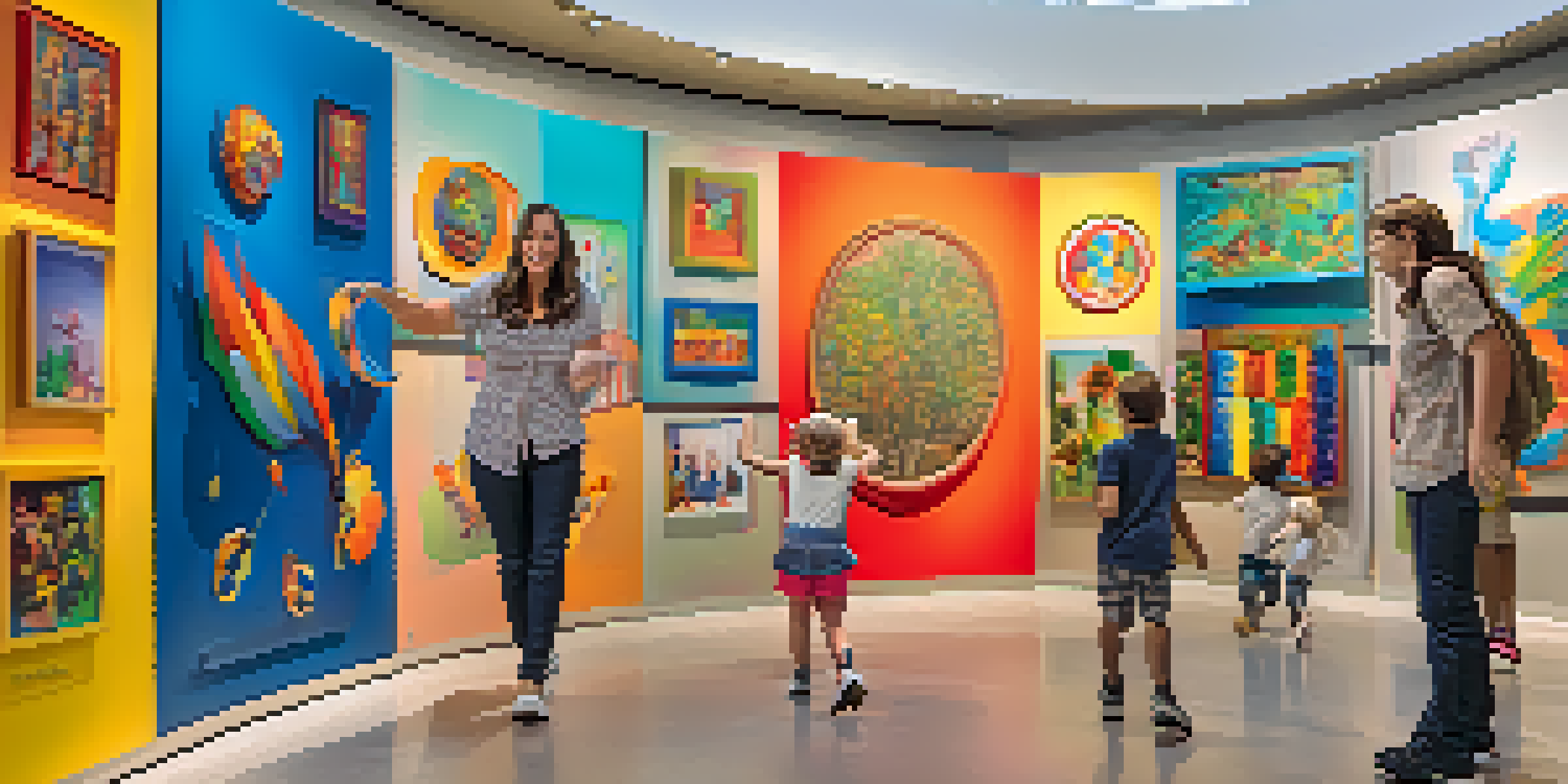 A family enjoying interactive exhibits at the Phoenix Art Museum, with children engaging in art activities under bright lights.