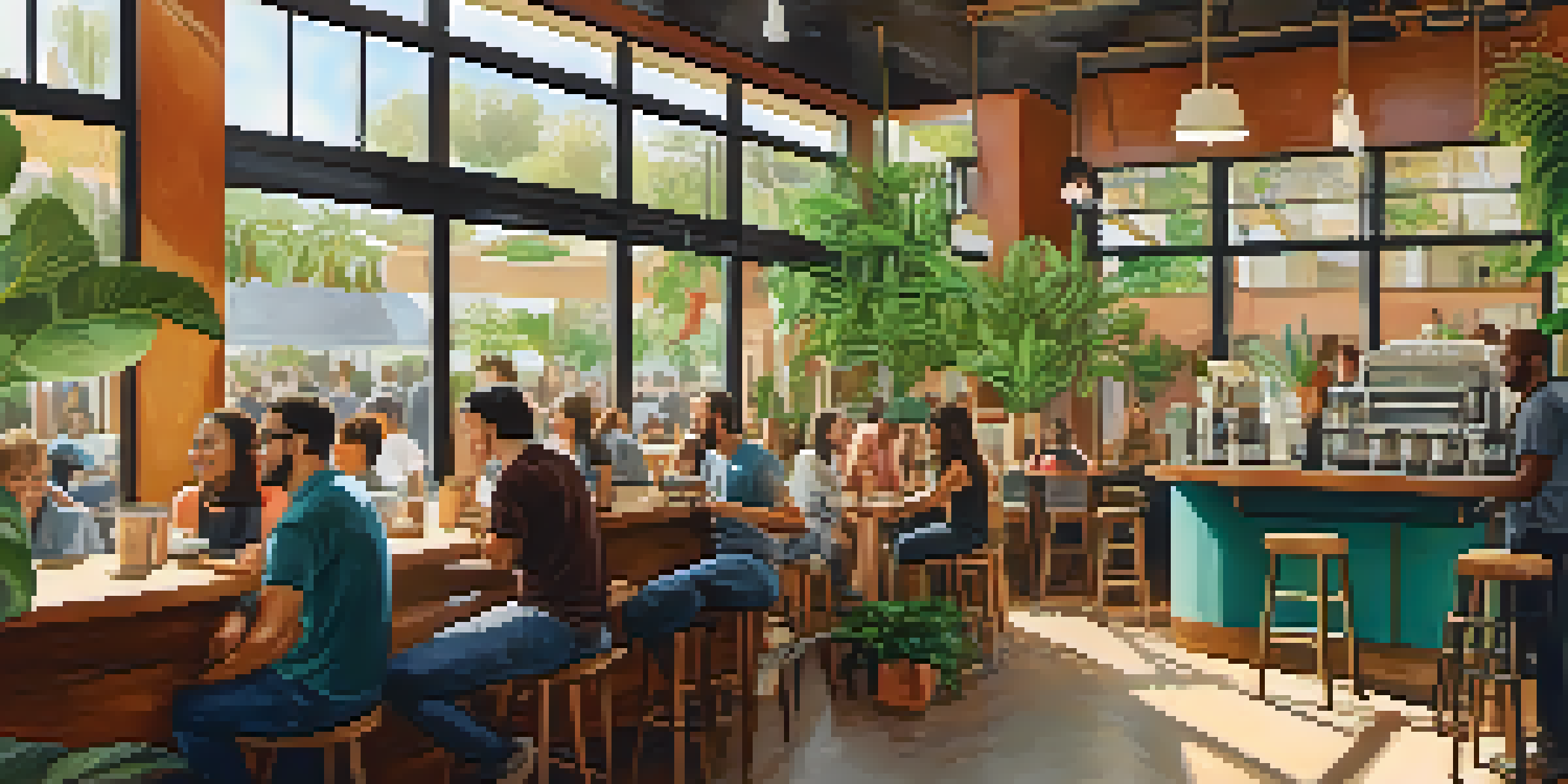 A lively coffee shop in Phoenix with diverse customers, plants, and natural light, featuring a barista brewing coffee.