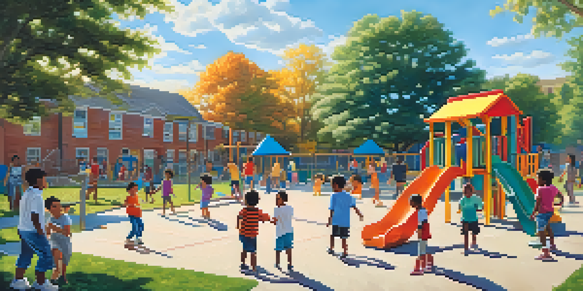A lively schoolyard with children of various ethnicities playing and engaging in activities under bright sunlight.