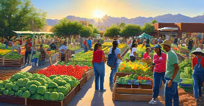 A lively community garden in Phoenix with diverse residents planting and harvesting various fruits and vegetables under a warm sun.