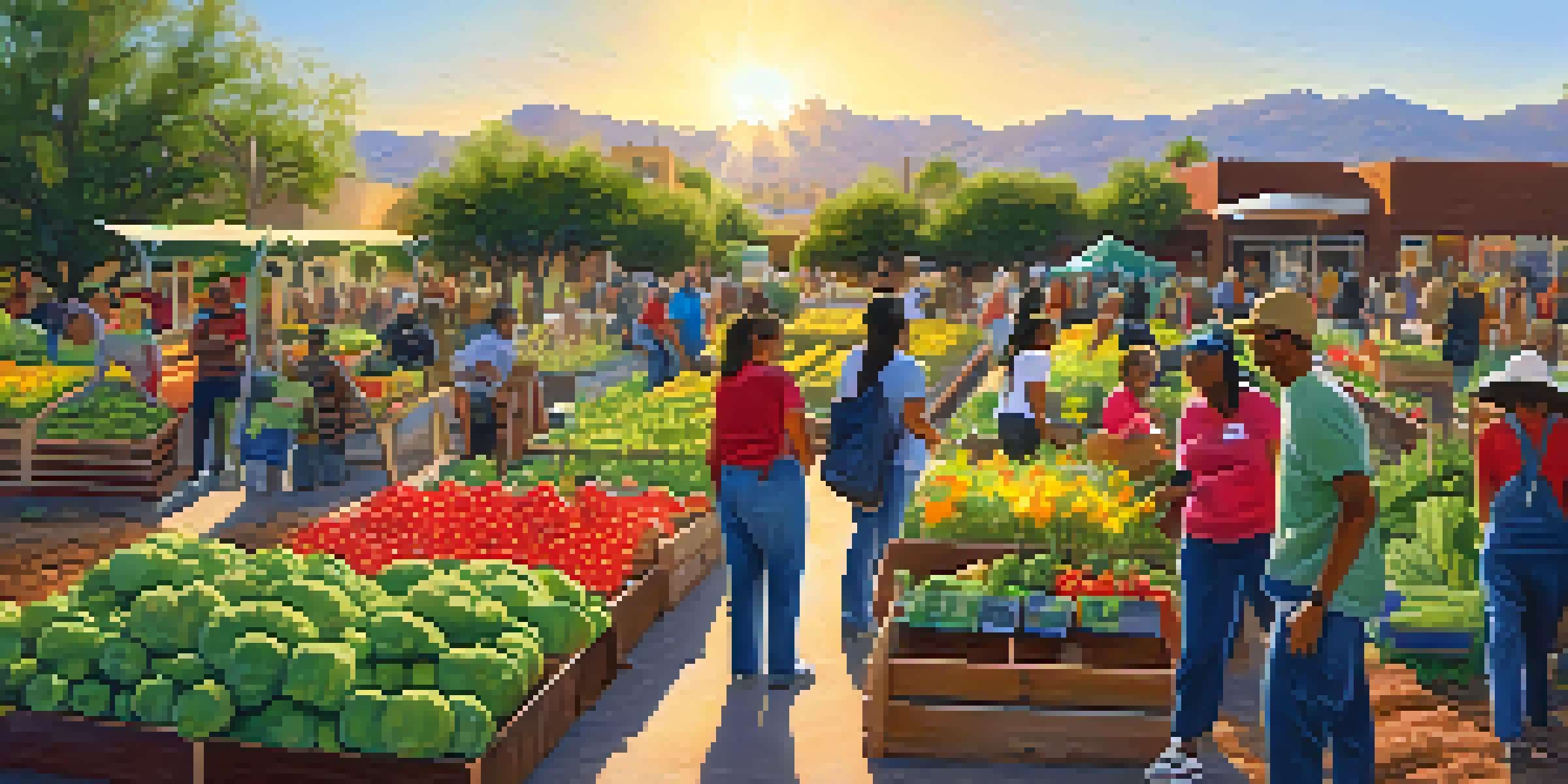 A lively community garden in Phoenix with diverse residents planting and harvesting various fruits and vegetables under a warm sun.